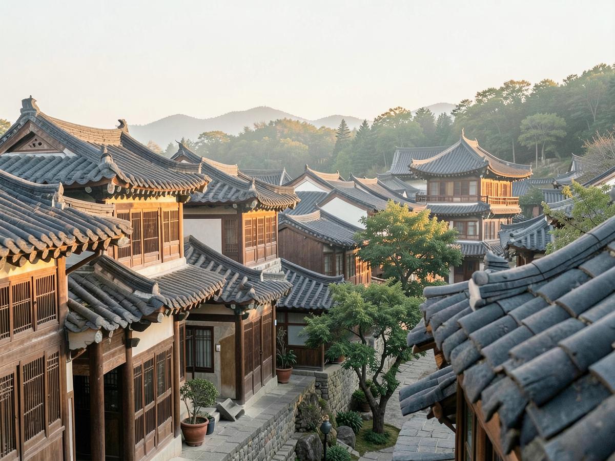 Telhados tradicionais da vila de hanoks de Bukchon, em Seul, ao amanhecer